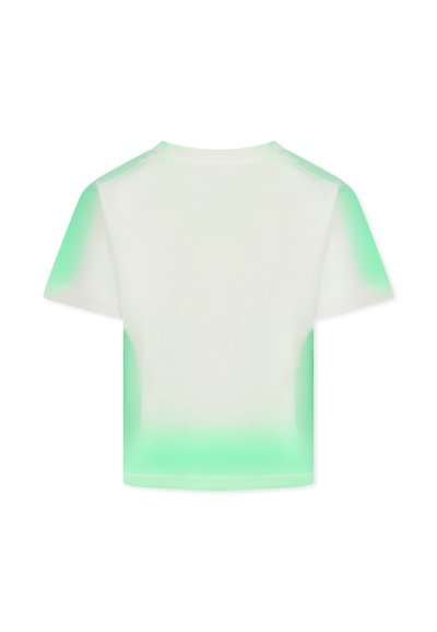 T-shirt cropped in crema con gradiente verde all'orlo e alle maniche, realizzata in un tessuto leggero con una superficie liscia.