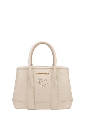 Borsa in pelle beige con doppi manici, logo "Gian Marco Venturi" dorato e motivo traforato a forma di cuore sul pannello frontale.