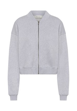 Világosszürke, rövidített, cipzáros pulóver hosszú ujjakkal, bordázott mandzsettával és gallérral.