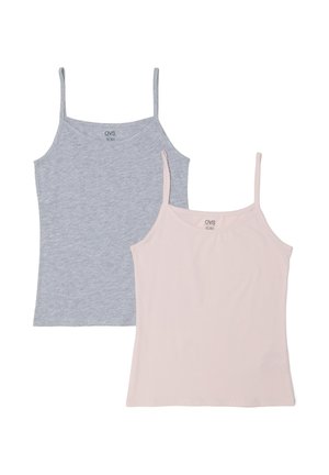 Zwei ärmellose Tanktops mit dünnen Trägern, eines hellgrau und eines blassrosa, flach auf einem weißen Hintergrund gelegt.