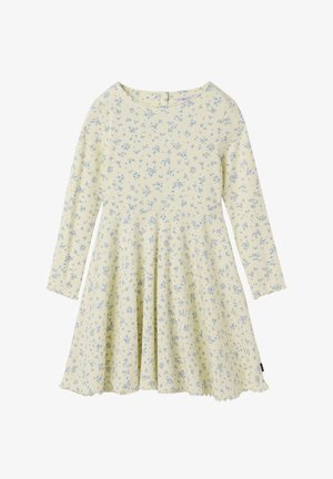 Cremefarvet kjole med lange ærmer, små blå blomsterprint, rund halsudskæring, plisseret nederdel og bølget kant.