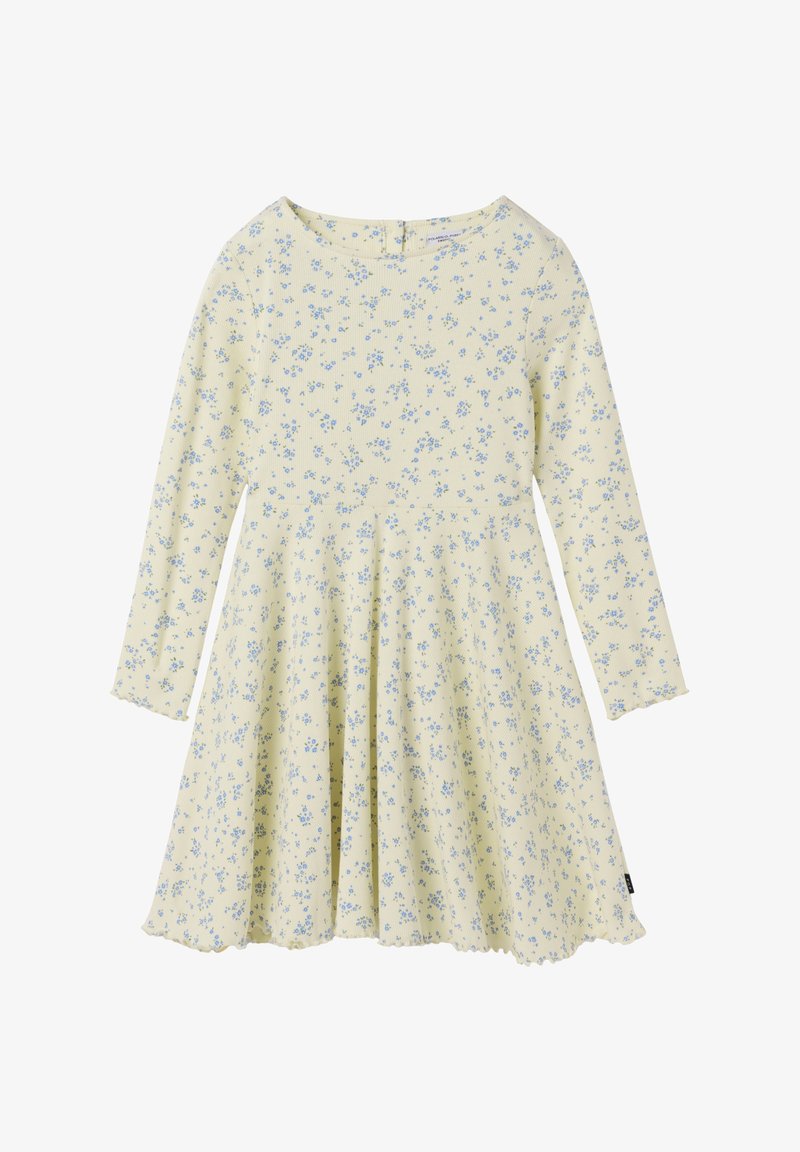 Cremefarvet kjole med lange ærmer, små blå blomsterprint, rund halsudskæring, plisseret nederdel og bølget kant.