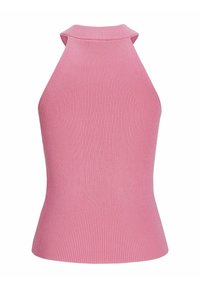 Rožinė kanalo halterio palaidinė su prigludusia siluetu, aukštu kaklu ir kreivai supjaustytu pažemėjimu, pagaminta iš tamprios medžiagos, užtikrinančios tvirtą prigludimą.