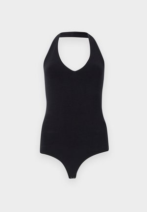 Black halter neck bodysuit with a deep V-neckline, form-fitting design, and snap closure at the bottom for easy wear.