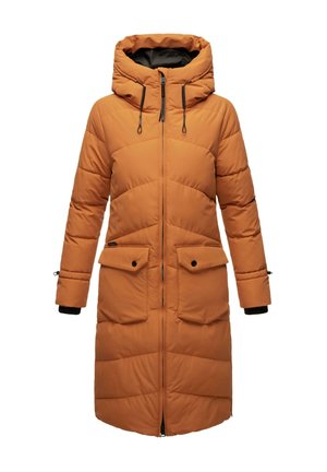 Oranger Daunenmantel mit Kapuze, Frontreißverschluss und zwei großen Fronttaschen. Mit genähten horizontalen Nähten und schwarzen Akzenten an den Bündchen.