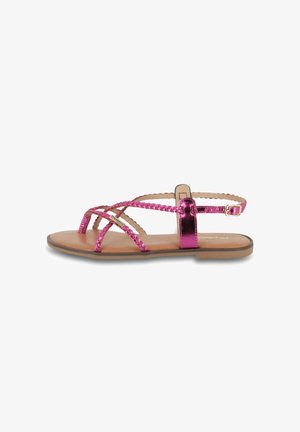 Roze metallic sandalen met gevlochten riempjes en een platte zool. Verstelbare enkelgesp; de gladde bruine binnenzool accentueert het ontwerp.