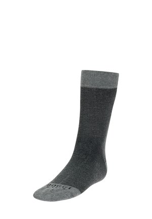 Dunkelgraue Socke mit einem hellgrauen Bündchen, aus einem strukturierten Stoff gefertigt, mit einer verstärkten Zehenpartie und einem aufgedruckten Logo auf der Sohle.