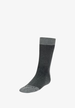 Calzino grigio scuro con una fascia grigia più chiara, realizzato in un tessuto testurizzato, con punta rinforzata e logo stampato sulla suola.