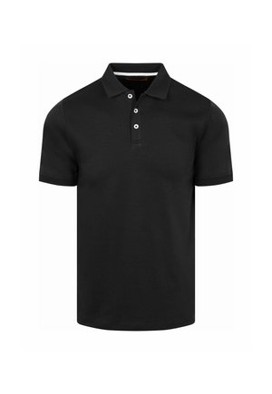 Schwarzes kurzärmeliges Poloshirt mit drei weißen Knöpfen, gefaltetem Kragen und gerippten Ärmelbündchen, auf weißem Hintergrund dargestellt.