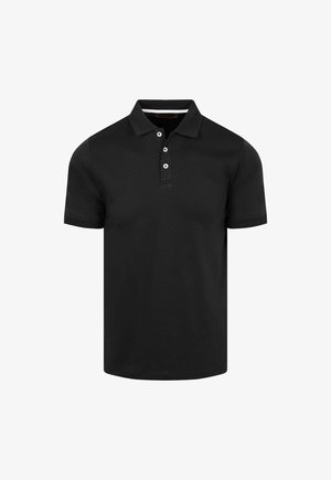 Zwart poloshirt met korte mouwen, drie witte knopen, opgevouwen kraag en geribde mouwboorden, getoond op een witte achtergrond.