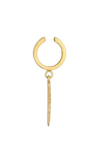 Boucles d'oreilles en or en forme de créole avec un accent pendulaire texturé. Le design est circulaire avec une finition lisse et un détail long et gravé en pendentif.