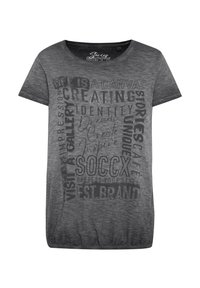 Szara, t-shirt z krótkim rękawem i okrągłym dekoltem. Posiada różnorodne tekstury czarnych i srebrnych nadrukowanych tekstów w różnych czcionkach i rozmiarach.