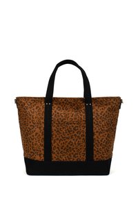Borsa a tracolla con stampa leopardata in marrone e nero, con resistenti manici neri e una base nera a contrasto, realizzata in materiale durevole.