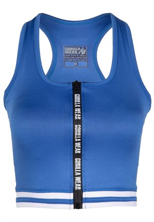 Blue sports crop top made of stretchy material, featuring a front zipper, racerback design, and white striped accents at the hem.