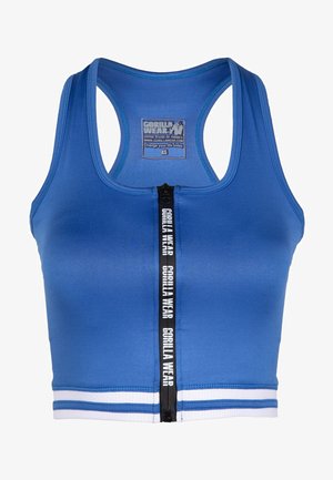 Blauwe sport crop top gemaakt van rekbaar materiaal, met een rits aan de voorkant, een racerback ontwerp en witte gestreepte accenten aan de onderrand.