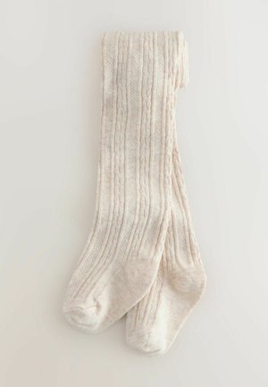 Ciorapi tricotati până la genunchi, de culoare bej deschis, cu un model texturat și o textură netedă. Vârf și călcâi întărite pentru durabilitate.