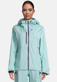 Light blue waterproof jacket with a hood, front zipper, and purple accents. Features adjustable cuffs and a sleek, fitted design.