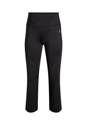 Black high-waist fitted athletic pants with a slight flare at the bottom and a small white logo on the hip.