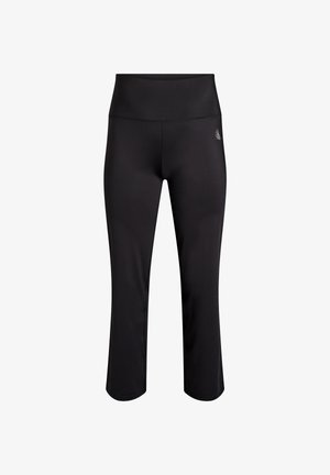 Čierne priliehavé športové nohavice s vysokým pásom, mierne rozšírené na spodku a s malým bielym logom na bokoch.