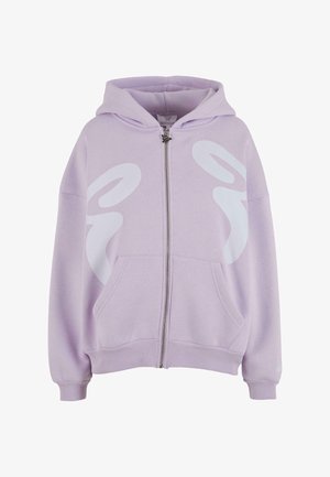 Lichtpaarse hoodie met ritssluiting voorzien van een groot wit grafisch ontwerp aan de voorkant, twee voorzakken en geribde manchetten en zoom.