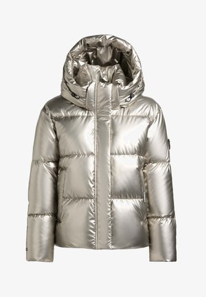 Blizganti sidabrinė žieminė striukė su paminkštinta tekstūra, dideliu gobtuvu, priekyje esančiu užtrauktuku, dengiamu sklende, ir ilgomis rankovėmis.