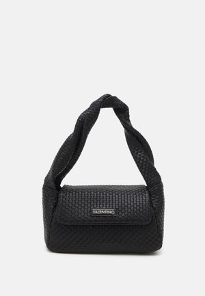 Black woven leather handbag with a knotted handle and a clasp closure. Features a subtle logo plaque on the front. Compact rectangular shape.