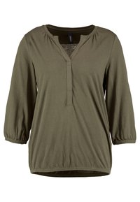 Olijfgroen blouse met lange mouwen, elastische manchetten, V-hals met een korte knoopsluiting en een elastische onderrand.