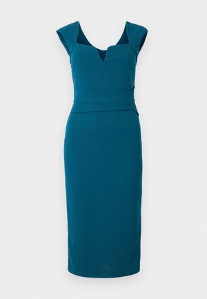 Teal fitted dress with cap sleeves, V-neckline, and a cinched waist. Smooth fabric provides a sleek silhouette down to knee length.