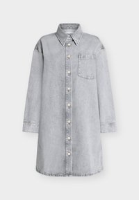 Lysegrå denim skjortekjole med knaplukning foran, spidst krave, lange ærmer og brystlomme. Glat tekstur.