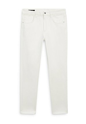 Hvide jeans med lige ben, forlommer, bæltestropper og knaplukning i taljen, vist fladt på en hvid baggrund.