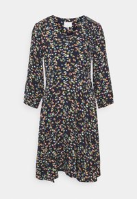 Robe fleurie en tissu bleu marine avec col en V, manches trois-quarts et boutons à l'avant. Présente un imprimé floral coloré sur l'ensemble.