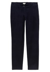 Marinblå kordflossbyxor med slim fit, med knappstängning, bälteshällor och sidofickor. Mjuk textur och subtila ribbningar.