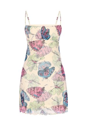 Robe crème sans manches avec fines bretelles, ornée de motifs colorés de papillons en rose, bleu, vert, accompagnés de noms scientifiques écrits à la main.