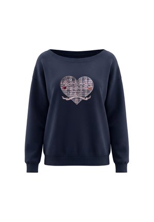 Mørkeblå langærmet sweatshirt med vid halsudskæring og hjerteformet ternet patch med teksten "Be Your Own Team Sparkle On Girl."