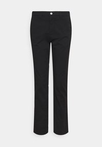 Pantaloni neri a gamba dritta realizzati in tessuto misto cotone, con chiusura frontale a bottone e classico design a cinque tasche.