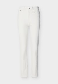 Λευκά τζιν με ίσια γραμμή, μπροστινές τσέπες, θηλιές για ζώνη και κλείσιμο με κουμπί και φερμουάρ.