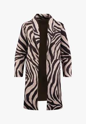 Abrigo largo de apertura frontal con rayas de cebra en negro y beige y solapas anchas, exhibido sobre un fondo blanco.
