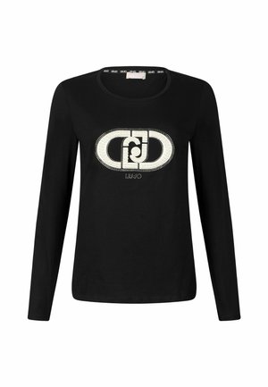 Tricou negru cu mâneci lungi, fabricat din bumbac, cu guler rotund și un logo alb proeminent decorat cu strasuri strălucitoare.