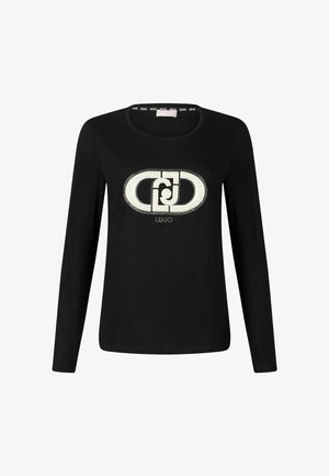 Schwarzes Langarm-T-Shirt aus Baumwolle mit rundem Ausschnitt und einem auffälligen weißen Logodesign, verziert mit glänzenden Strasssteinen.