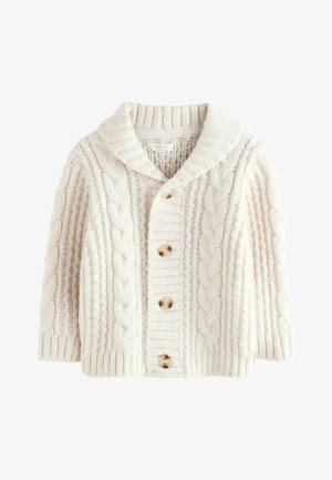 Cardigan tricotat de culoare crem cu modele cu cabluri, guler șal striat, mâneci lungi și patru nasturi mari maro pe partea din față.