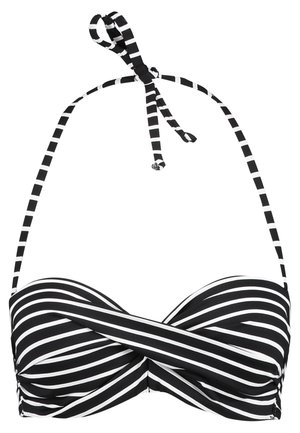 Black and white striped bikini top with a knot at the neck, featuring a twisted design at the front and thin adjustable straps.