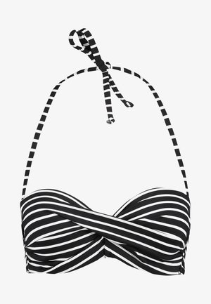 Fekete-fehér csíkos bikini felső, nyakán csomóval, elől csavart dizájnnal és vékony, állítható pántokkal.