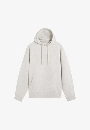 Sudadera con capucha gris claro hecha de mezcla de algodón, con capucha ajustable con cordón, bolsillos tipo canguro y puños acanalados para un ajuste relajado.
