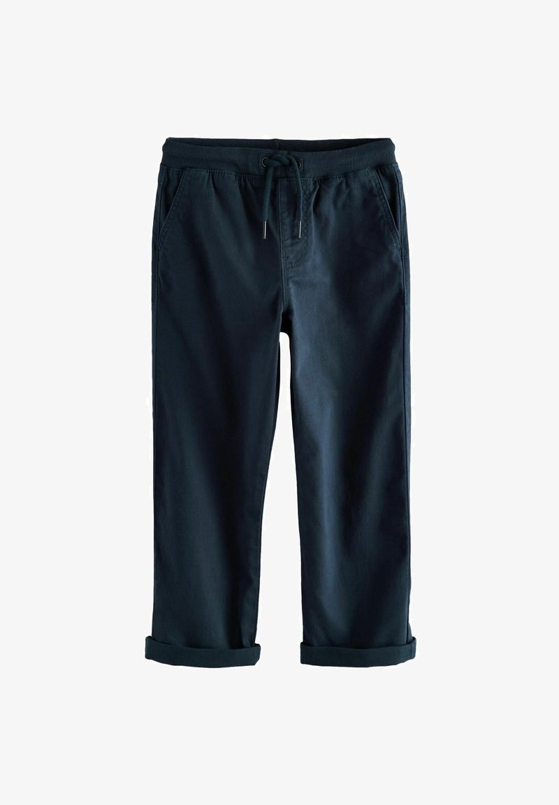 Pantalon décontracté bleu marine avec taille élastique, cordon de serrage, poches latérales et revers roulés, adapté à un port quotidien.