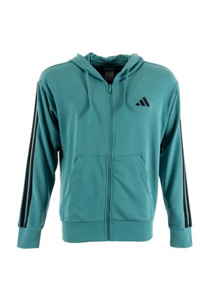 Felpa con zip color petrolio e logo Adidas nero sul petto, strisce nere lungo le maniche, tasche frontali e cordini regolabili per il cappuccio.