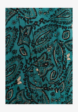 Tessuto teal con intricati motivi paisley e floreali neri e beige, caratterizzato da pieghe plissettate.
