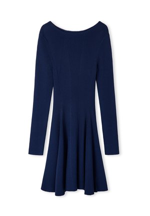 Abito a coste blu navy con maniche lunghe e corpino aderente, che si allarga in una gonna ampia in vita, con un ampio scollo.