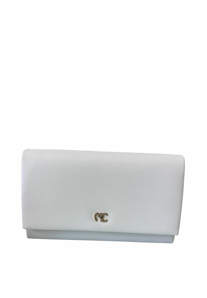 Portafoglio bianco con texture e finitura liscia, caratterizzato da un accento con logo dorato sul fronte. Design a busta con forma rettangolare.