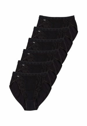 Sei slip neri da donna con pannelli laterali in pizzo disposti a pila sfalsata su sfondo bianco.
