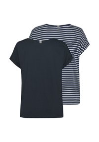 Two t-shirts: one solid navy, one navy and white striped. Both have short sleeves and a wide neckline with stitched hems.